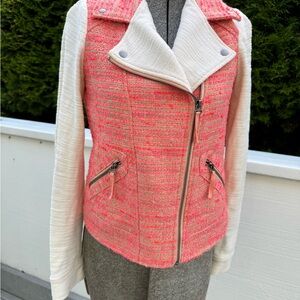Anthropologie Elevenses neon orange ivory sleeves Tweed Knit Jacket SZ 2